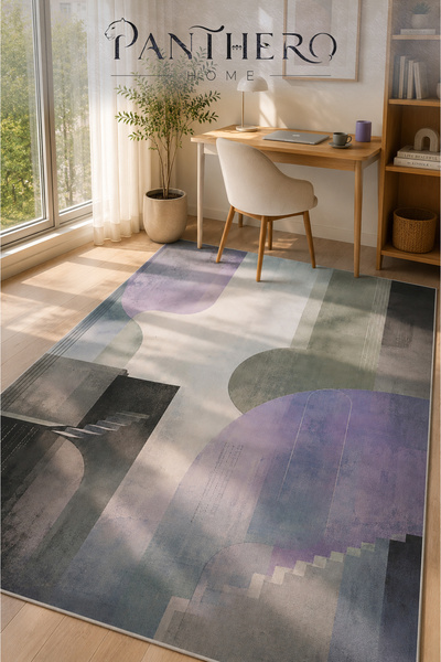 Panthero Home Lila Gri Soyut Desenli Halı Kaymaz Taban Süngerli Yıkanabilir Halı