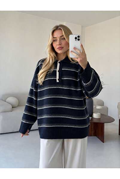 Butik Women's Navy Blue Polo Collar Striped Oversize Knitwear Sweater Nns013