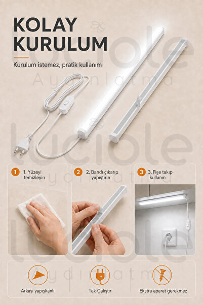 luciole 220V Beyaz LED Bar 100 cm Fişli Anahtarlı Yapışkanlı Tezgah Altı Dolap İçi Aydınlatma