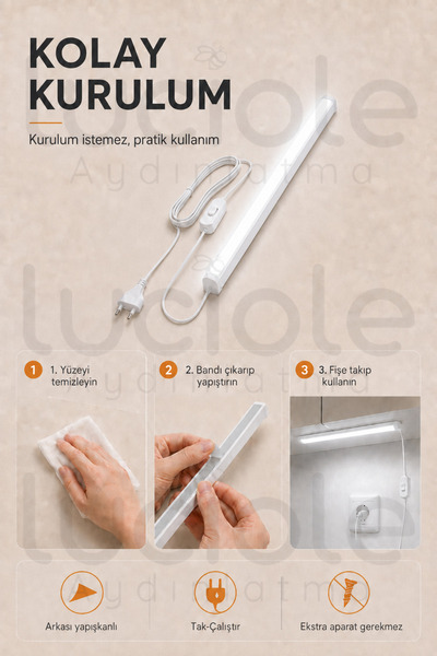 luciole 220V Beyaz LED Bar 50 cm Fişli Anahtarlı Yapışkanlı Tezgah Altı Dolap İçi Aydınlatma