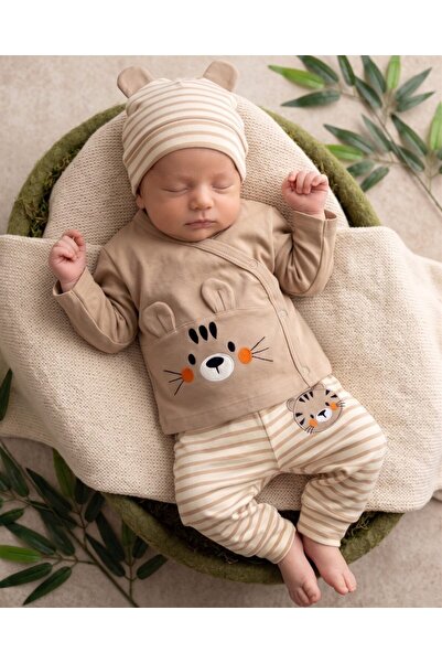 Ege Bebek Baby Boy Striped Teddy Bear Printed Hat 3-Piece Newborn 0-3 Months ...