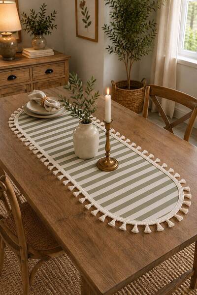 linea natura home Çizgili Püsküllü Vintage Keten Oval Runner 30X80