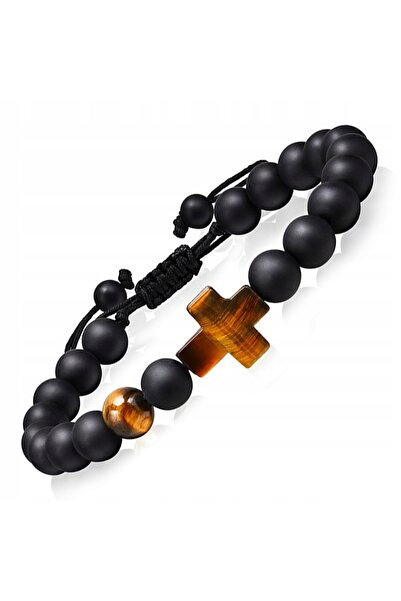 NO BRAND Brățară din carnelian cu cruciuliță + ochi de tigru