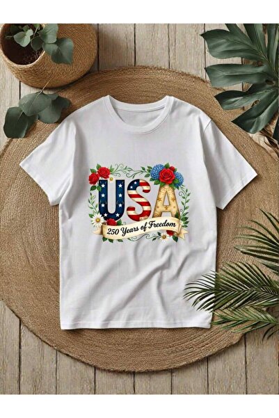 25W تي شيرت بطباعة حروف USA بنمط Years Freedom Floral، تي شيرت بطباعة Patriot...