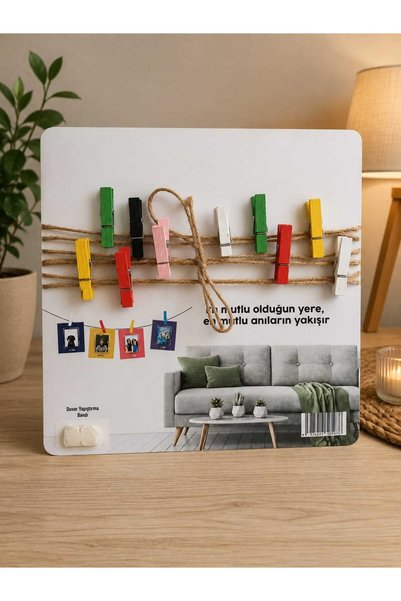 Hureggo Renkli Ahşap Mandallı ve Jüt İpli Duvar Fotoğraf Askısı Seti - 10 min...