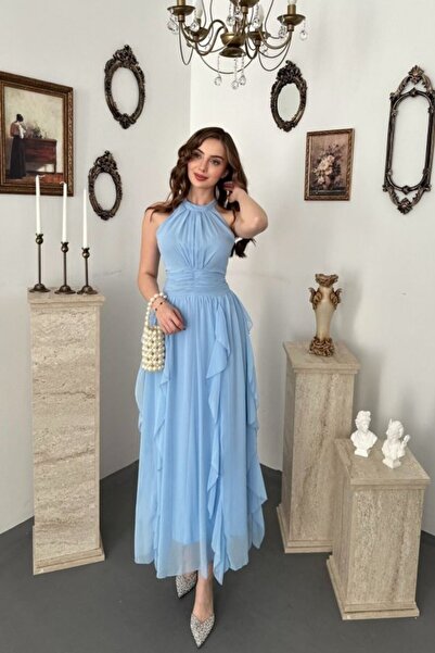 ELBEE Baby Blue Halter Neck Lined Dress