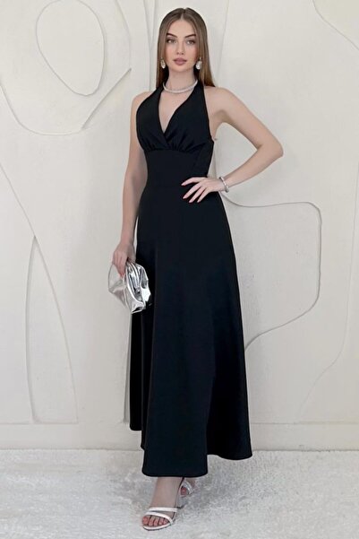 SEREMONİ BUTİK Black Open Back Dress with Breast Cups