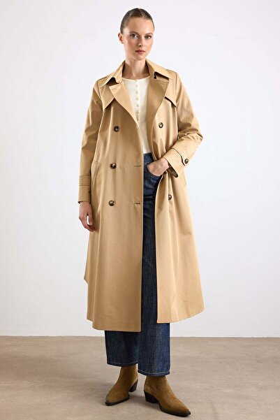 Olcay Double-Breasted Water-Repellent Trench Coat with Cape Detail Kamel 6890