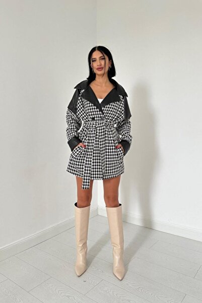 ELBEE Black Leather Collar Houndstooth Coat