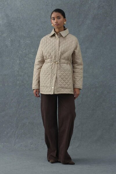 ELBEE Beige Collared Suede Detailed Waist Adjustable Quilted Coat