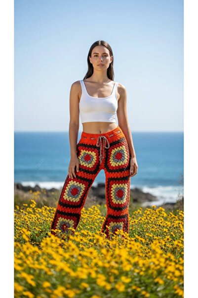 Gönülden Tasarım Hand Knitted Motif Women's Trousers Standard Size