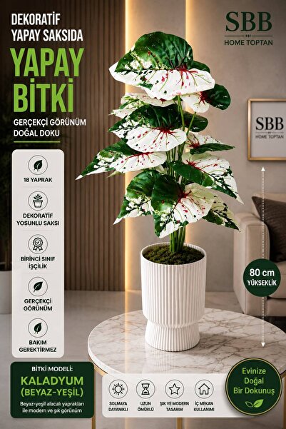 Yapay Ağaç Kaladyum 80 Cm Dekoratif Plastik Saksıda Yosunlu 18 Dallı