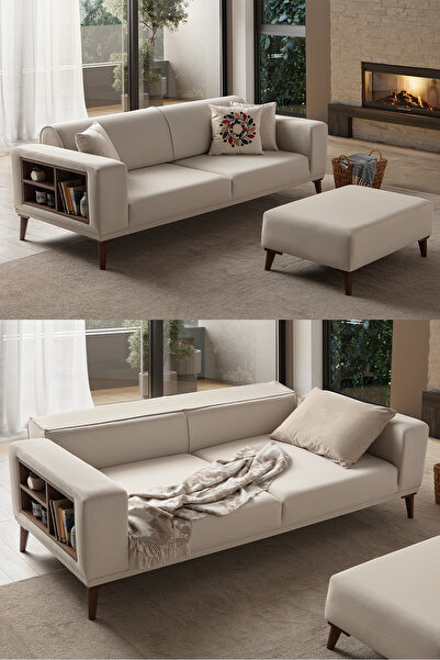 indes home Grande 3'lü Koltuk + Puf Krem