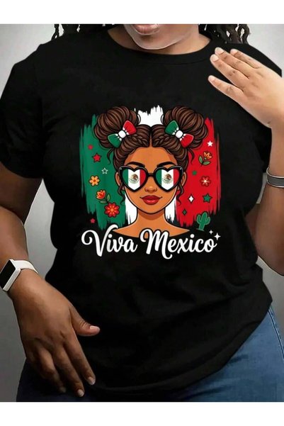 4CR Viva Mexico Messy Bun Mexican Independence Day Women Girls T-Shirt Black ...