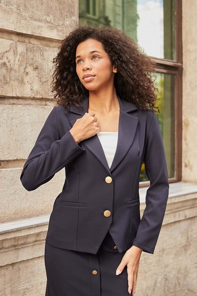 Jument Women's Collared Double Buttoned Flato Pocketed Long Sleeve Blazer Flexible Premium Fabric Jacket-Navy Blue