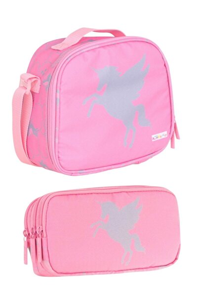 KAUKKO Kids Pink Pegasus Printed Girls' School Lunchbox and Pen Holder Set - ...