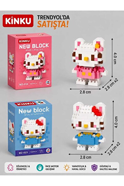 KİNKU Ne Block Hello Kitty Mavi Pembe Puzzle-Yapboz-3d Zeka Geliştiren-Mini S...