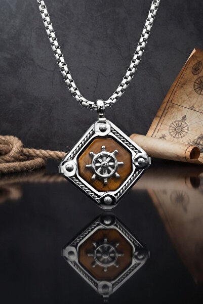 Prestige Rudder Figured Tiger's Eye Stone Necklace Stainless Steel Chain 902908