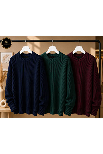 DepoExport Women's 3-Piece Crew Neck Oversize Knitwear Sweater Soft Knitted S...