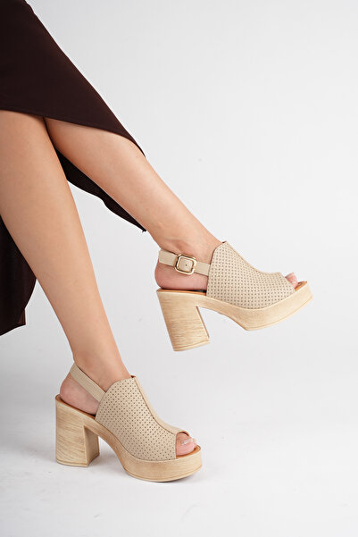 ANALİN SHOES Women's Genuine Leather Platform Heeled Buckle Sandals - Beige