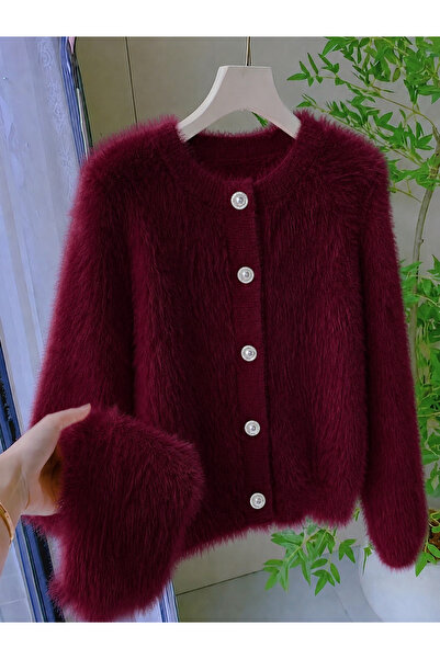 Elysira Women's Plush Fuzzy Buttoned Crew Neck Cardigan