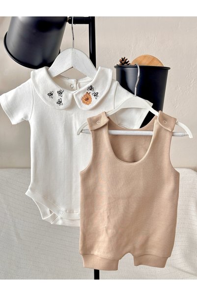 Mama Miel Baby Honey Bee Embroidered Bodysuit and Milk Coffee Combed Cotton Baby Salopet Set 100% Cotton