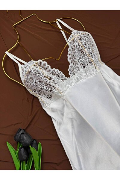 ROZENİN LINGERIE Plus Size Lace Satin Strap Mini Nightgown
