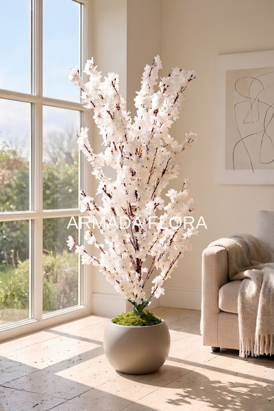 Armada Flora 120 cm Yoğun Çiçekli Yapay Beyaz Bahar Dalı Ağacı 27*33 Küre Sak...