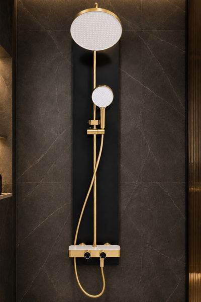 KUSTAR Gold Altın Duş Sistemi Batarya Dahil Tepe Duşlu El Duşlu Raflı Banyo Duş Seti