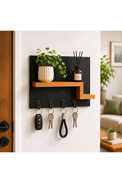 KALEO WOOD Modern Raflı Duvar Anahtarlığı Ahşap Raflı Dekoratif Anahtar Askıs...