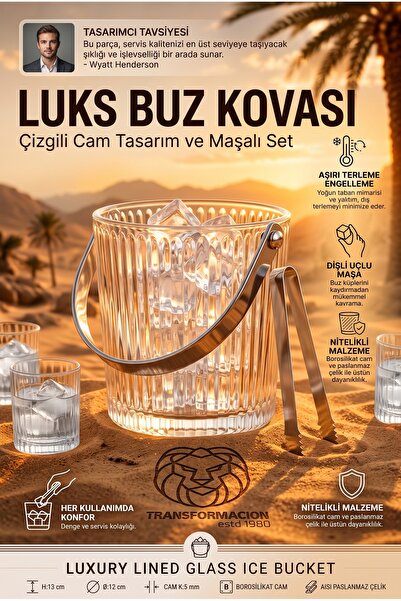 Transformacion Lüks Çizgili Cam Buz Kovası Maşalı Set Sunum Kovası 13x12 cm 7...