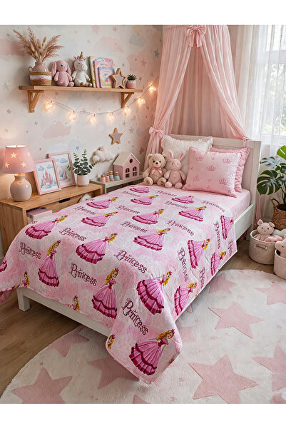 Kız Çocuk Odası Prenses Temalı Tek Kişilik Elyaf Dolgulu Kapitone Pembe Çok Amaçlı Pike ve Yatak Örtüsü (155x215 cm) Çift Taraflı