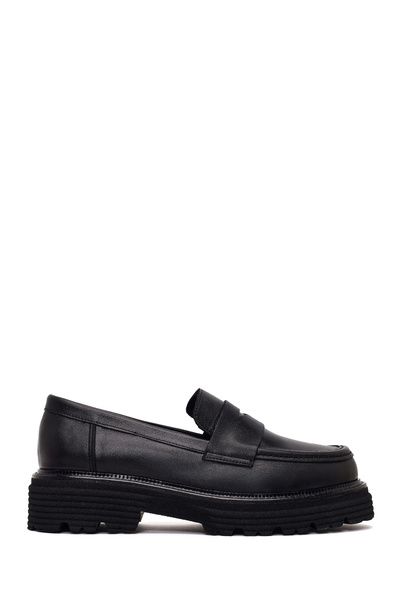 Derimod Women's Black Thick-Soled Leather Masculine Loafer Af190069Dv