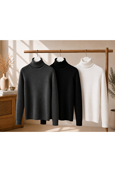 oneoff Women's 3-Piece Body-Fitting Turtleneck Ribbed Knit Sweater