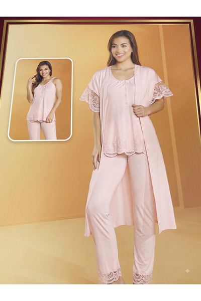 Pembe Dantel İşlemeli Kadın Sabahlıklı Pijama Takımı 3 Parça Set