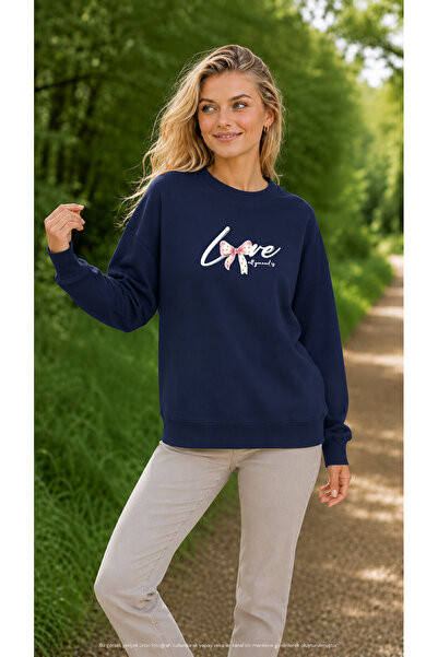 EMMODA Women's Pink Ribbon Detailed Love Written Round Neck Casual Sweatshirt