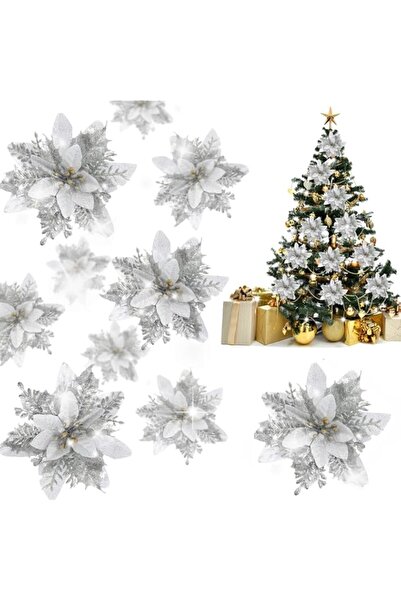 Generic Brand Excefore Glitter Poinsettia Flowers Artificial, 12 Pcs Sliver P...