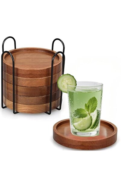 Generic ANTOLE 6Pcs Natural Wood Coasters Set,Holder Coffee Table Decor Acaci...