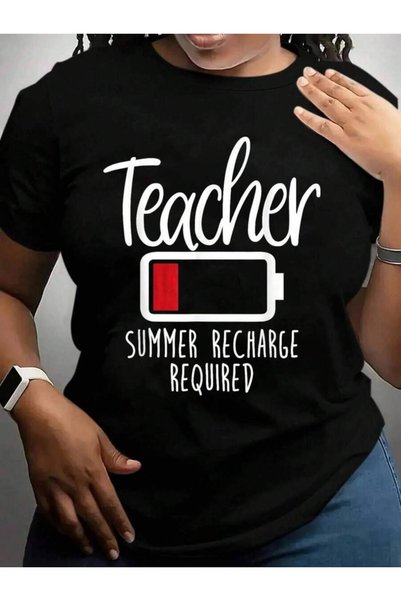 25W تي شيرت نسائي مطبوع عليه عبارة "Teacher Summer Recharge Required Last Day...
