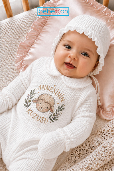 bebeqon 3 Parça %100 Pamuk Müslin Ekru Arkası Çıtçıtlı Annesinin Kuzusu Baskılı Hastane Çıkış Seti 0-3 Ay