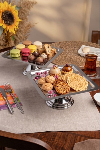 EMFA HOME Luxury 2-Piece Square Silver Footed Cake, Pastry, Cookie, Dessert, ...