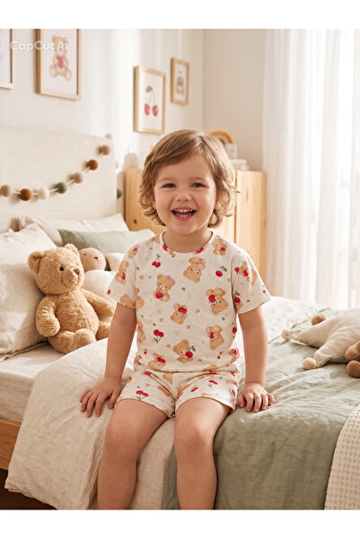Kız Çocuk Ayıcık ve Kiraz Desenli Şortlu Pijama Takımı %100 Pamuk Yazlık Kısa Kollu