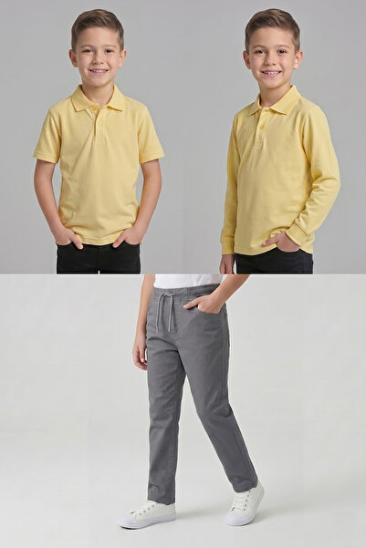 nacar çarşı Boys' School Light Yellow Long and Short Sleeve Polo Collar T-Shi...