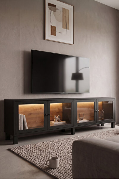 Robin Home Prime Temperli Cam Kapaklı Neon Led Işıklı Tv Ünitesi Tv Sehpası V...