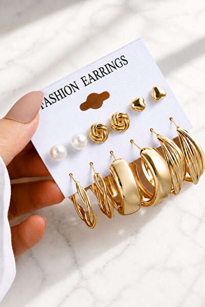 TREND COLLECTİON Women's Gold Color Multiple 6 Pair Earring Set Hoop Pearl He...