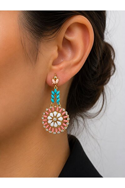 MARE BUTİK Colorful Flower Motif Gold Dangle Earrings