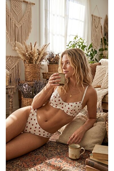 Noirelle Lingerie Kadın Beyaz Çilek Desenli Fitilli Pamuklu Balenli Sütyen Kü...