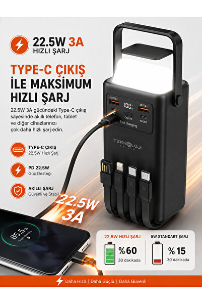 Teknoloji Gelsin 50.000 mAh Powerbank 22.5W Hızlı Şarj LCD Ekran 4 Çıkış 4 Kablo Kamp Işıklı Taşınabilir Batarya