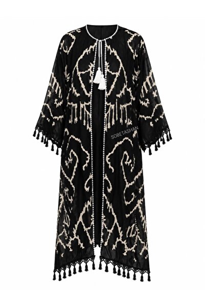 Sobe Hediyelik Black Ethnic Patterned Loose Kimono Kaftan - Standard Size