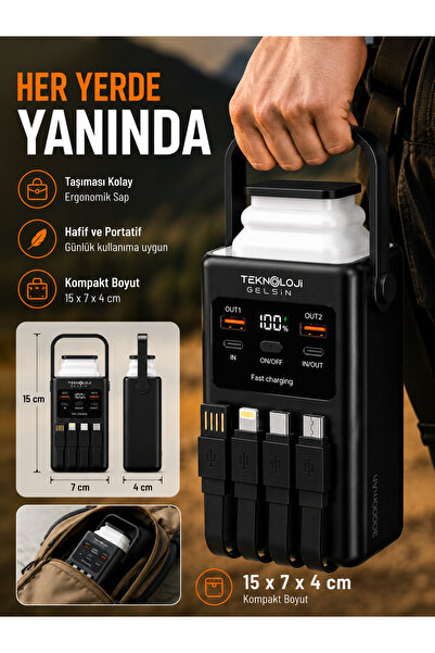 Teknoloji Gelsin 30.000 mAh Powerbank 22.5W Hızlı Şarj LCD Ekran 4 Çıkış 4 Kablo Kamp Işıklı Taşınabilir Batarya